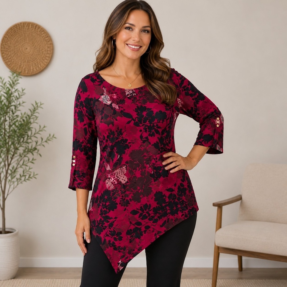 Chico's Travelers‎ Floral Asymmetrical Tunic Top Womens 1 US 8 10 Red Black